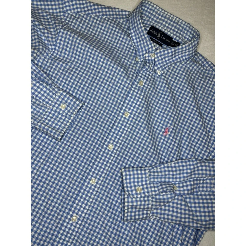 Vintage Ralph Lauren Men's XXL Blue & White Gingham Custom‎ Fit Shirt Pink Pony